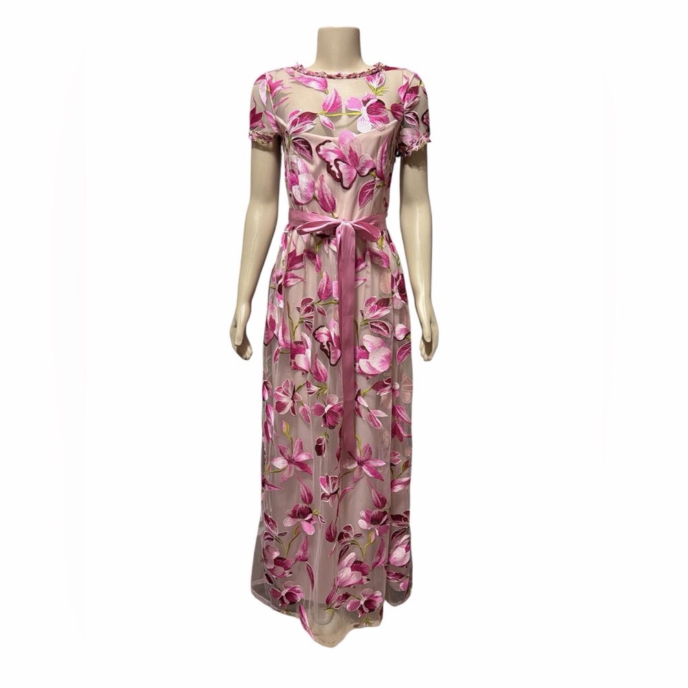 Adrianna Papell Sz 4 Illusion Embroidered Tie Gown Pink Multi Floral Maxi Dress